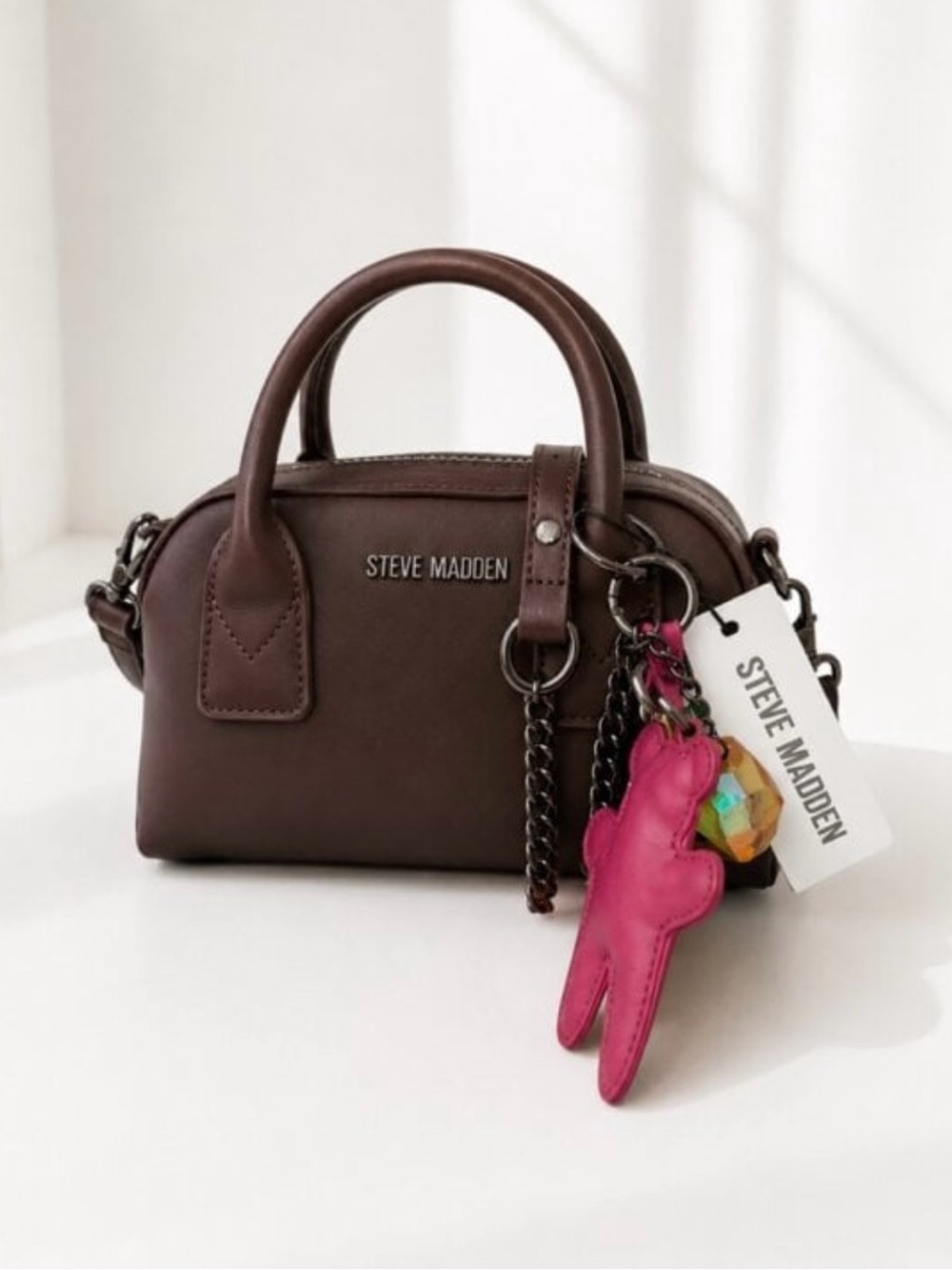 Steve Madden Brown Mini Satchel with Pink Charm and Chain Detail